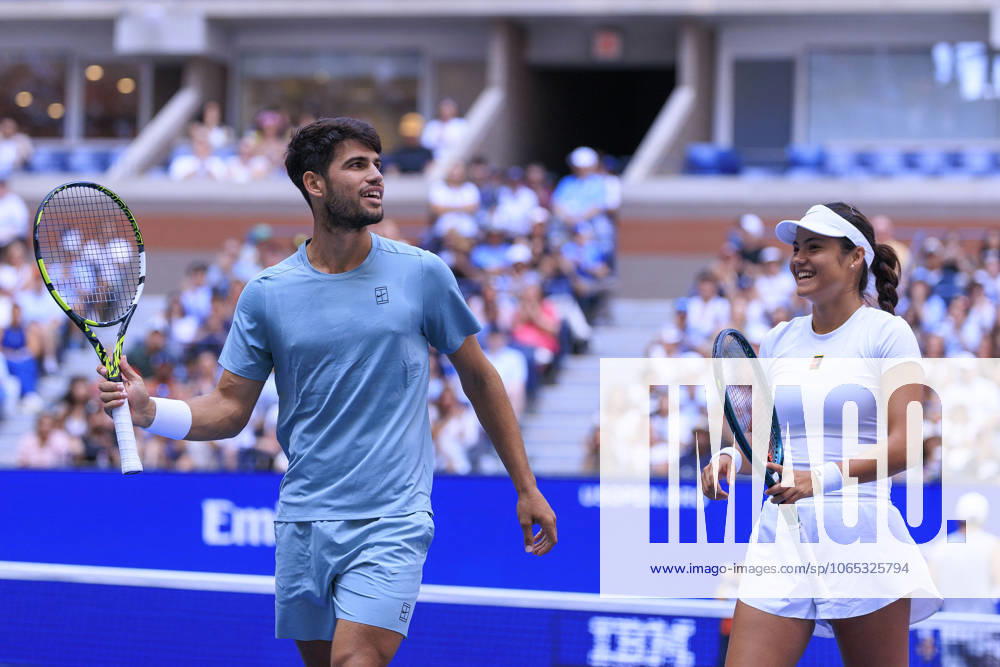 Emma Raducanu and Carlos Alcaraz react after winning a point during a mix doubles match against Jessica Pegula and Jack Draper at the 2025 US Open at USTA Billie Jean King National Tennis Center on Tuesday August 19, 2025 in the Flushing neighborhood of the Queens borough of New York City. JAVIER ROJAS PI Flushing Meadows USA - ZUMAp124 20250819_zaa_p124_052