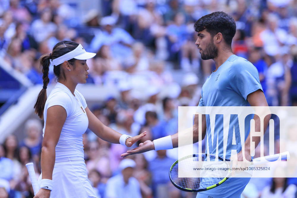 Emma Raducanu and Carlos Alcaraz react after winning a point during a mix doubles match against Jessica Pegula and Jack Draper at the 2025 US Open at USTA Billie Jean King National Tennis Center on Tuesday August 19, 2025 in the Flushing neighborhood of the Queens borough of New York City. JAVIER ROJAS PI Flushing Meadows USA - ZUMAp124 20250819_zaa_p124_059