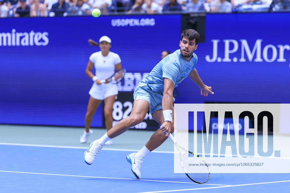 Emma Raducanu and Carlos Alcaraz (in photo) during a mix doubles match against Jessica Pegula and Jack Draper at the 2025 US Open at USTA Billie Jean King National Tennis Center on Tuesday August 19, 2025 in the Flushing neighborhood of the Queens borough of New York City. JAVIER ROJAS PI Flushing Meadows USA - ZUMAp124 20250819_zaa_p124_060