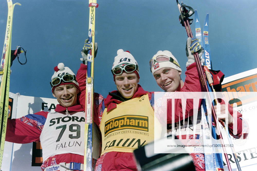 Skiing, Swedish Skiing Games, 15 km, classic The prize podium from Sture Sivertsen, Norway two, Björn Dählie, Norway one and Erling Jevne, Norway three