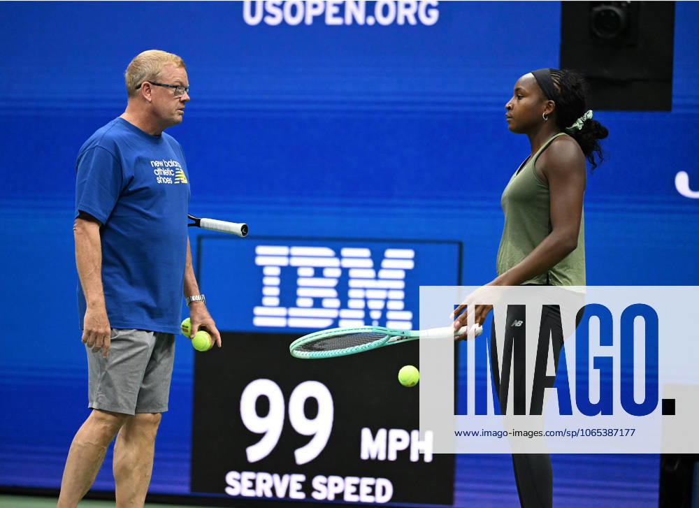 FLUSHING NY- AUGUST 21: Coco Gauff is seen on the practice court with her coach Gavin MacMillan on Arthur Ashe Stadium at the USTA Billie Jean King National Tennis Center on August 21, 2025 in Flushing Queens.