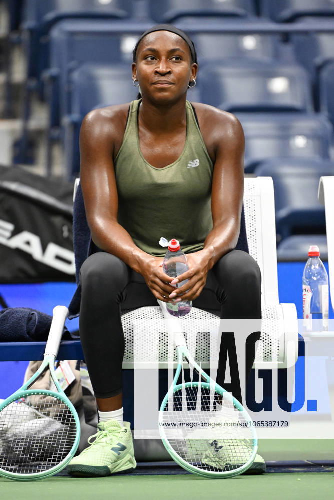 FLUSHING NY- AUGUST 21: Coco Gauff is seen on the practice court on Arthur Ashe Stadium at the USTA Billie Jean King National Tennis Center on August 21, 2025 in Flushing Queens.