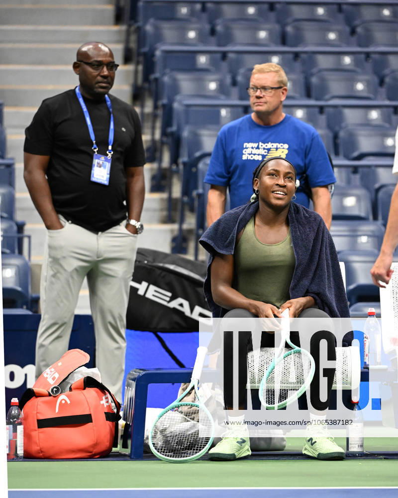 FLUSHING NY- AUGUST 21: Coco Gauff is seen on the practice court with her coach Corey Gauff and Gavin MacMillan on Arthur Ashe Stadium at the USTA Billie Jean King National Tennis Center on August 21, 2025 in Flushing Queens.