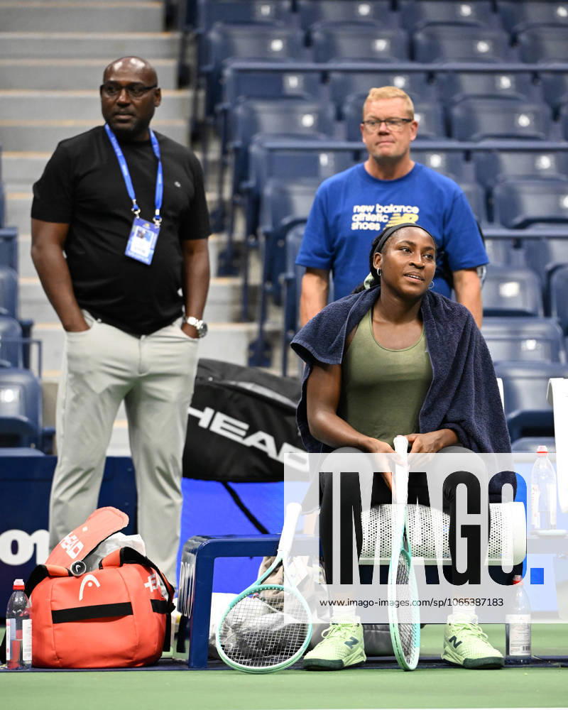 FLUSHING NY- AUGUST 21: Coco Gauff is seen on the practice court with her coach Corey Gauff and Gavin MacMillan on Arthur Ashe Stadium at the USTA Billie Jean King National Tennis Center on August 21, 2025 in Flushing Queens.