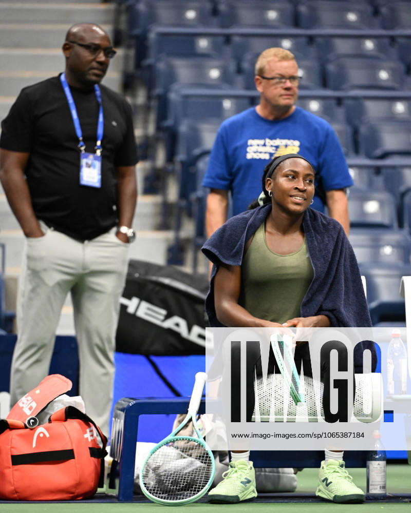 FLUSHING NY- AUGUST 21: Coco Gauff is seen on the practice court with her coach Corey Gauff and Gavin MacMillan on Arthur Ashe Stadium at the USTA Billie Jean King National Tennis Center on August 21, 2025 in Flushing Queens.