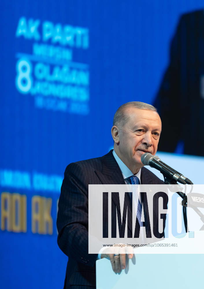 Turkish President Recep Tayyip Erdogan MERSIN, TURIYE - JANUARY 18: Turkish President and leader of the Justice and Development (AK) Party Recep Tayyip Erdogan makes a speech during the AK Party’s 8th Ordinary Provincial Congress at Servet Tazegul Sports Hall in Mersin, Turkiye on January 18, 2025. Mersin Turkey. Editorial use only. Please get in touch for any other usage.