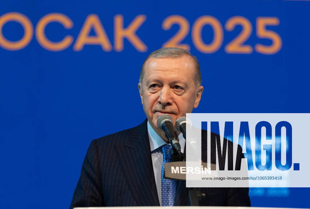 Turkish President Recep Tayyip Erdogan MERSIN, TURIYE - JANUARY 18: Turkish President and leader of the Justice and Development (AK) Party Recep Tayyip Erdogan makes a speech during the AK Party’s 8th Ordinary Provincial Congress at Servet Tazegul Sports Hall in Mersin, Turkiye on January 18, 2025. Mersin Turkey. Editorial use only. Please get in touch for any other usage.