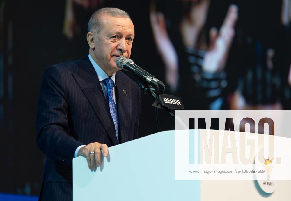 Turkish President Recep Tayyip Erdogan MERSIN, TURIYE - JANUARY 18: Turkish President and leader of the Justice and Development (AK) Party Recep Tayyip Erdogan makes a speech during the AK Party’s 8th Ordinary Provincial Congress at Servet Tazegul Sports Hall in Mersin, Turkiye on January 18, 2025. Mersin Turkey. Editorial use only. Please get in touch for any other usage.