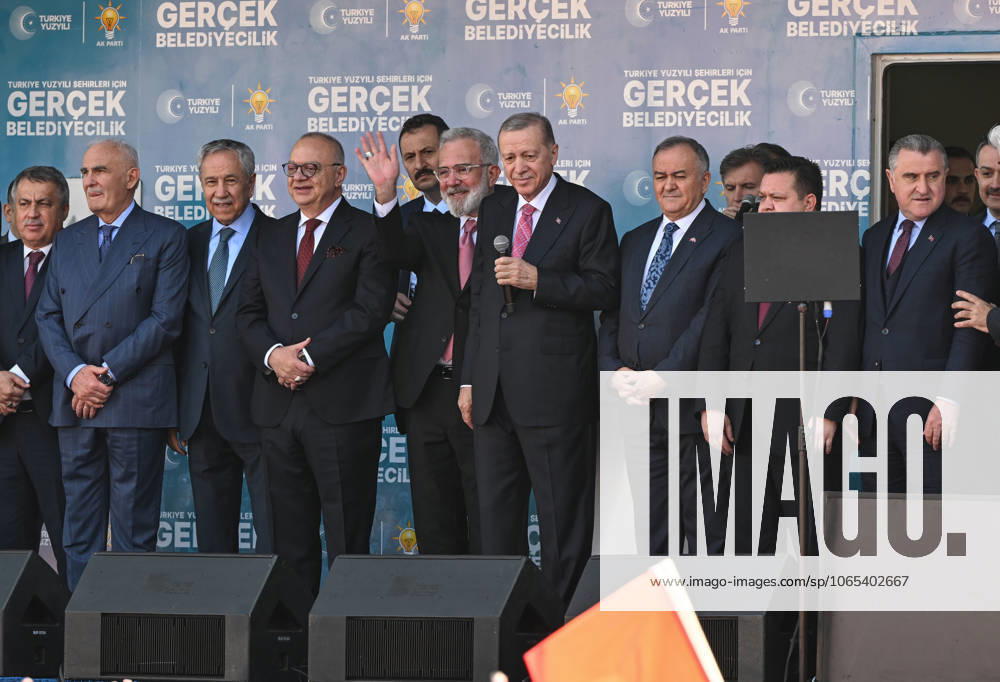 Turkish President Recep Tayyip Erdogan MANISA, TURKIYE - FEBRUARY 27: Turkish President and Leader of Justice and Development (AK) Party Recep Tayyip Erdogan (C), and Turkish Youth and Sports Minister Osman Askin Bak (R), wave the crowd with the provincial and district mayoral candidates during the his party s rally at Cumhuriyet Square in Manisa, Turkiye on February 27, 2024. Manisa Turkey. Editorial use only. Please get in touch for any other usage.