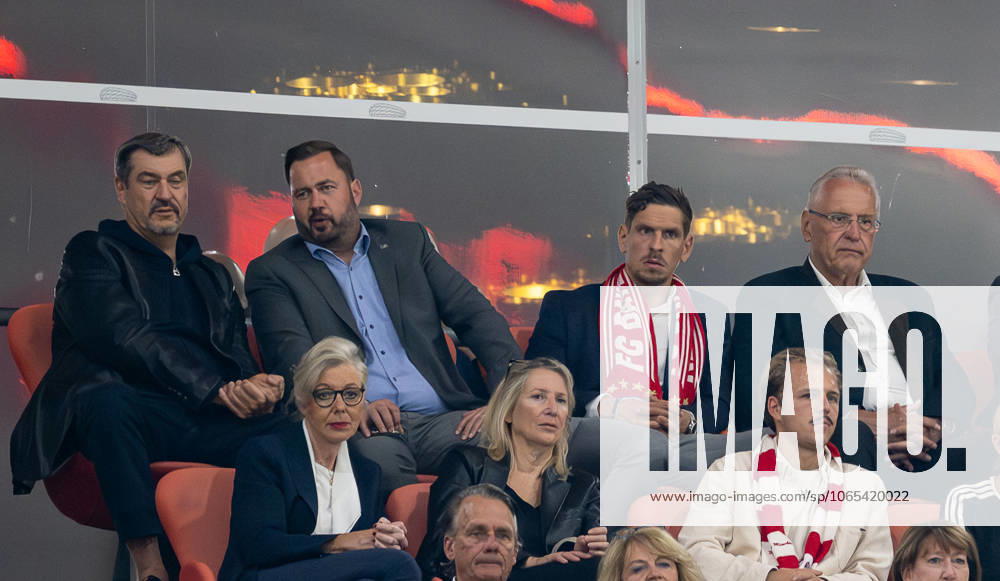 Markus Soeder Bavarian State Premier, CSU on the grandstand, right outside Joachim Herrmann Bavarian Minister of the Interior, CSU GER, FC Bayern Muenchen vs RB Leipzig, Football, Bundesliga, Matchday 1, Season 2025 2026, 22 08 2025 GER, FC Bayern Muenchen vs RB Leipzig, Football, Bundesliga, 1 Matchday, Season 2025 2026, 22 08 2025 Muenchen