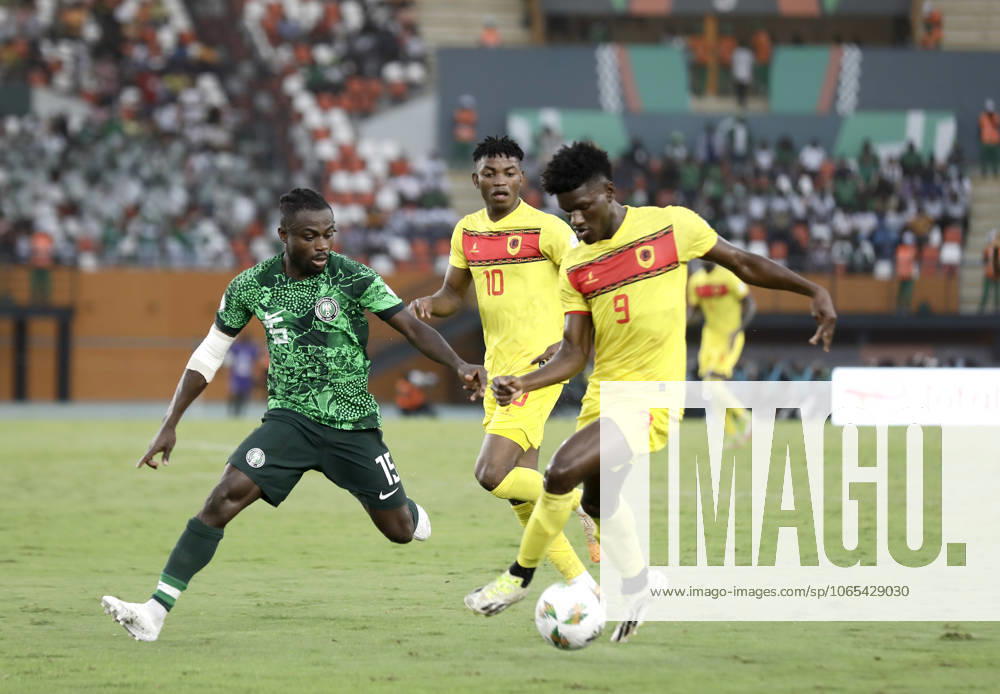 Nigeria v Angola - Africa Cup of Nations ABIDJAN, IVORY COAST - FEBRUARY 02: Paul Onuachu (L) of Nigeria in action against Zini (R) of Angola during the Africa Cup of Nations quarterfinal match between Nigeria and Angola at Felix Houphouet Boigny Stadium in Abidjan, Ivory Coast on February 02, 2024. Côte d Ivoire World. Editorial use only. Please get in touch for any other usage.