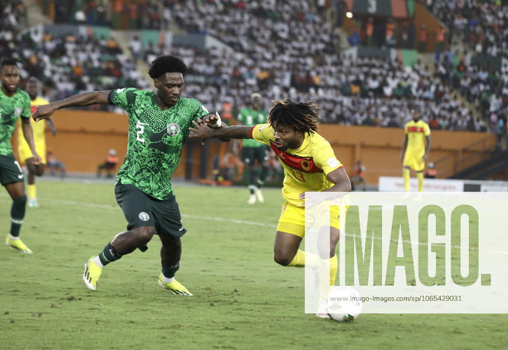 Nigeria v Angola - Africa Cup of Nations ABIDJAN, IVORY COAST - FEBRUARY 02: Ola Aina (L) of Nigeria in action against Augusto Carneiro (R) of Angola during the Africa Cup of Nations quarterfinal match between Nigeria and Angola at Felix Houphouet Boigny Stadium in Abidjan, Ivory Coast on February 02, 2024. Côte d Ivoire World. Editorial use only. Please get in touch for any other usage.