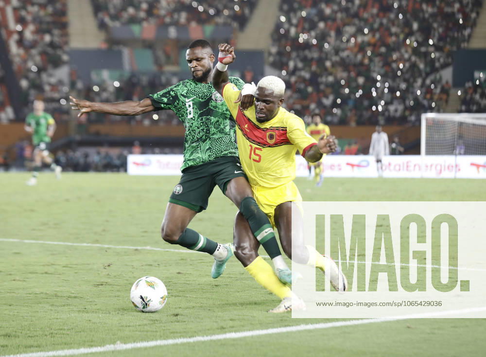 Nigeria v Angola - Africa Cup of Nations ABIDJAN, IVORY COAST - FEBRUARY 02: Frank Onyeka (L) of Nigeria in action against Zito Luvumbo (R) of Angola during the Africa Cup of Nations quarterfinal match between Nigeria and Angola at Felix Houphouet Boigny Stadium in Abidjan, Ivory Coast on February 02, 2024. Côte d Ivoire World. Editorial use only. Please get in touch for any other usage.