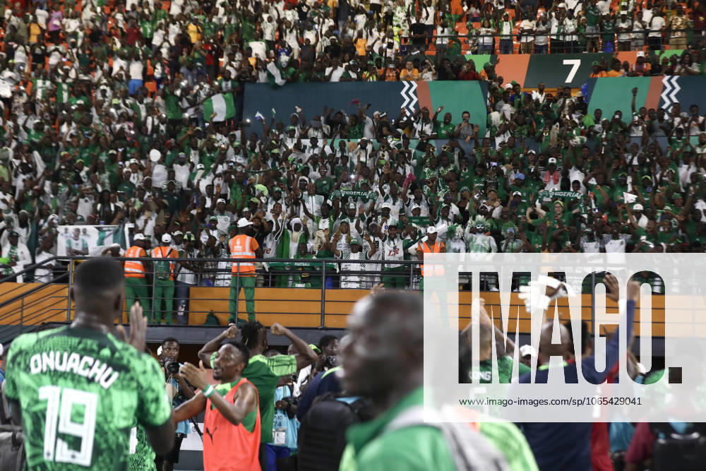 Nigeria v Angola - Africa Cup of Nations ABIDJAN, IVORY COAST - FEBRUARY 02: Fans of Nigeria celebrate victory after the Africa Cup of Nations quarterfinal match between Nigeria and Angola at Felix Houphouet Boigny Stadium in Abidjan, Ivory Coast on February 02, 2024. Côte d Ivoire World. Editorial use only. Please get in touch for any other usage.