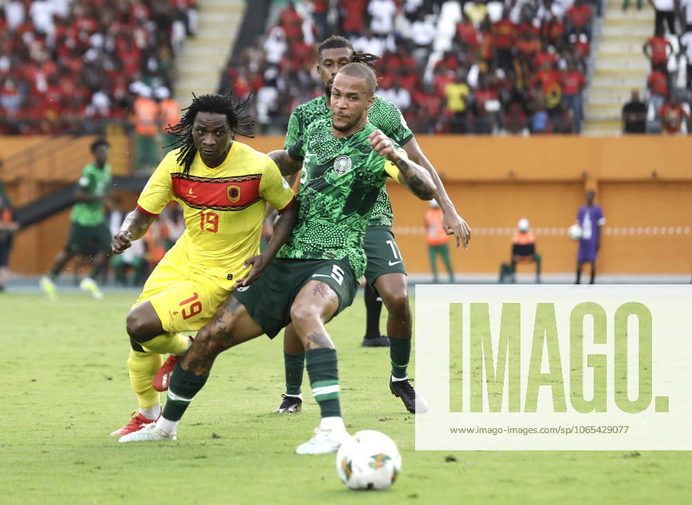 Nigeria v Angola - Africa Cup of Nations ABIDJAN, IVORY COAST - FEBRUARY 02: William Troost-Ekong (R) of Nigeria in action against Mabululu (L) of Angola during the Africa Cup of Nations quarterfinal match between Nigeria and Angola at Felix Houphouet Boigny Stadium in Abidjan, Ivory Coast on February 02, 2024. Côte d Ivoire World. Editorial use only. Please get in touch for any other usage.