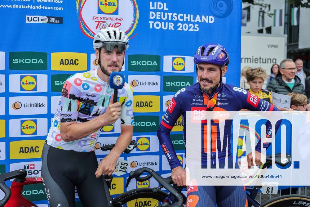 Cycling UCI ProSeries Men Elite LIDL Deutschland Tour 2025 Stage 3 Arnsberg Kassel on 23 08 2025 Jonas Rutsch INTERMARCHE WANTY , left wearing the Community Jersey John Degenkolb TEAM PICNIC POSTNL , right