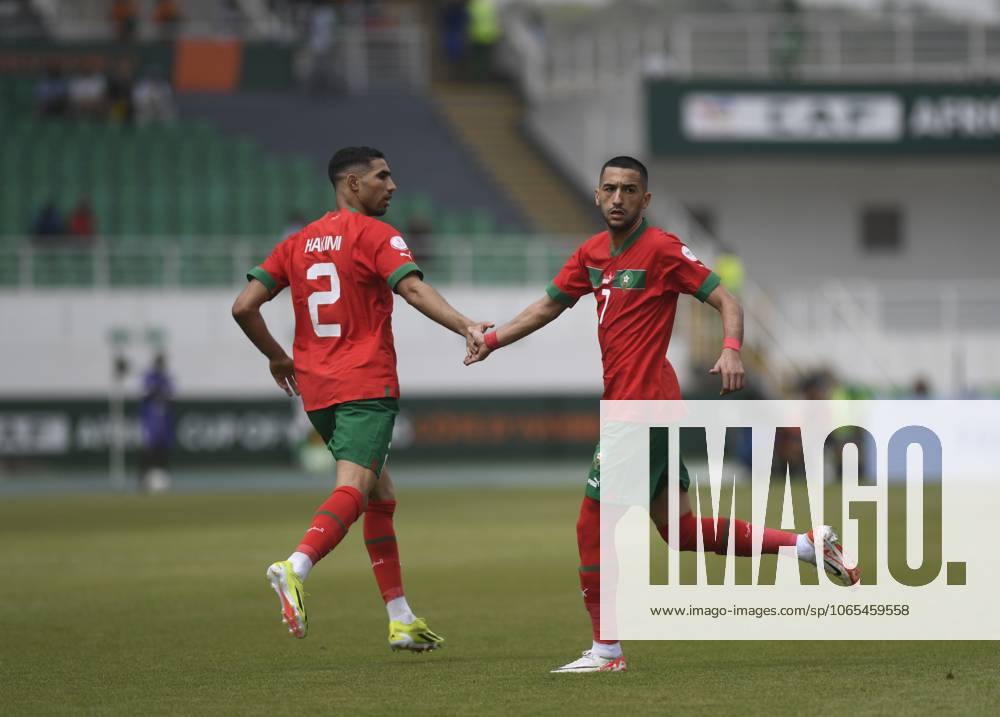 Morocco v DR Congo - Africa Cup of Nations SAN PEDRO, IVORY COAST - JANUARY 21: Hakim Ziyech (R) and Hakimi (L) of Morocco in action during the Africa Cup of Nations (CAN) 2023 Group F football match between Morocco and Democratic Republic of Congo at Laurent Pokou Stadium in San Pedro, Ivory Coast on January 21, 2024. San Pedro Côte d Ivoire. Editorial use only. Please get in touch for any other usage.
