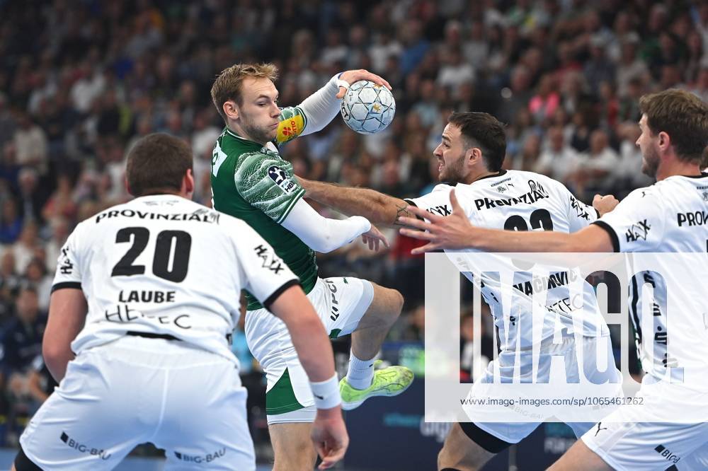 Mathias GIDSEL Fuechse Berlin , action,duel against Veron NACINOVIC Kiel Handball Super Cup 2025 of the men Fuechse Berlin vs THW Kiel on 23 08 2025, SAP GARDEN Muenchen