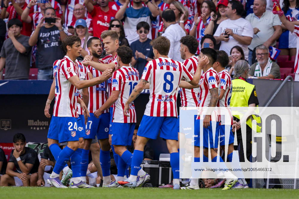 Atletico de Madrid v Elche CF - LaLiga EA Sports Players of Atletico de Madrid (from L to R) Robin Le Normand, David Hancko, Alexander Sorloth, Julian Alvarez, Pablo Barrios, Matteo Ruggeri, Giuliano Simeone, Thiago Almada celebrates a goal during the LaLiga EA Sports football match between Atletico de Madrid and Elche CF at Estadio Riyadh Air Metropolitano on August 23, 2025 in Madrid, Spain. Madrid Estadio Riyadh Air Metropolitano Madrid Spain
