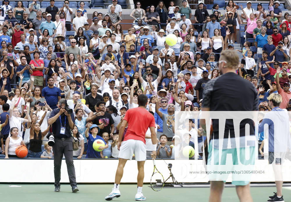 Carlos Alcaraz of Spain entertains fans in Arthur Ashe Stadium on Arthur Ashe Kids Day at the 2025 US Open Tennis Championship at the USTA Billie Jean King National Tennis Center in New York City on Saturday, August 23, 2025 in New York City. NYP20250823124 JOHNxANGELILLO
