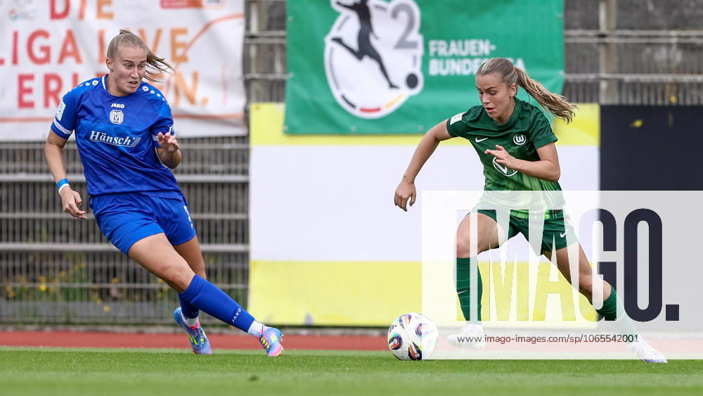 From left Nina Rolfes SV Meppen, 3 and Maja Zielinska VfL Wolfsburg II, 10 in a duel, dynamic, action, action, game scene, THE DFB REGULATIONS PROHIBIT ANY USE OF PHOTOGRAPHS AS IMAGE SEQUENCES AND OR QUASI VIDEO , 24 08 2025, Meppen Germany , Football, 2 Womens Bundesliga, VfL Wolfsburg II SV Meppen