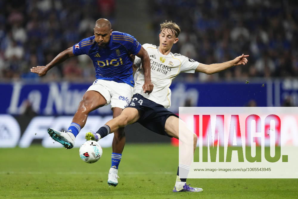 Real Oviedo v Real Madrid CF - LaLiga EA Sports Salomon Rondon centre-forward of Oviedo and Venezuela and Dean Huijsen centre-back of Real Madrid and Spain compete for the ball during the La Liga EA Sports match between Real Oviedo and Real Madrid CF at Carlos Tartiere on August 24, 2025 in Oviedo, Spain. Oviedo Spain