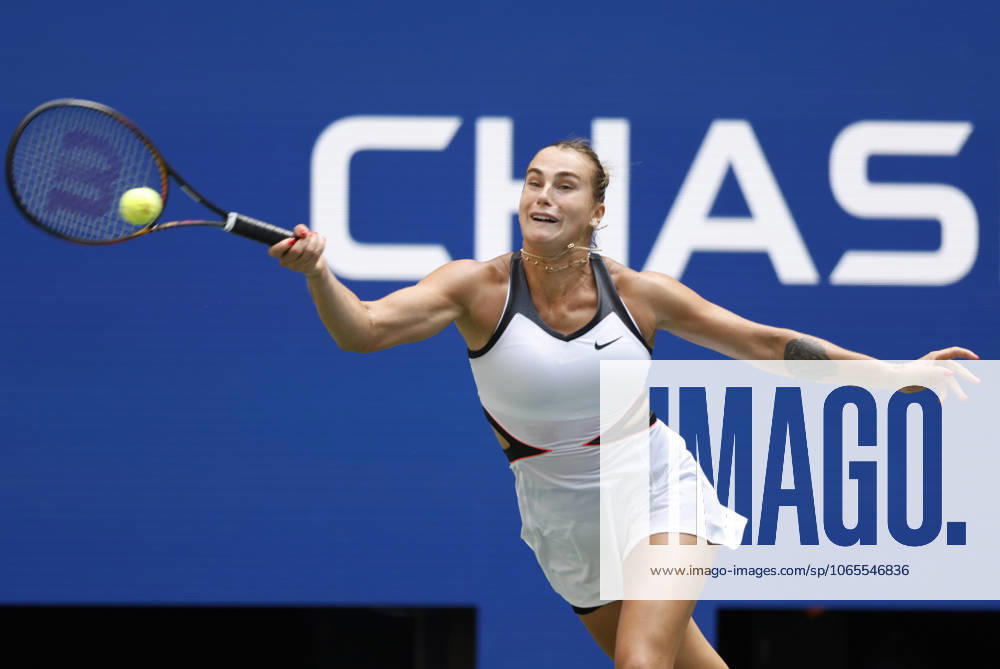 Aryna Sabalenka of Belarus competes against Rebeka Masarova of Switzerland in a first round match at the 2025 US Open Tennis Championship at the USTA Billie Jean King National Tennis Center in New York City on Sunday, August 24, 2025. Sabalenka won the match 7-5, 6-1. NYP20250824804 JOHNxANGELILLO