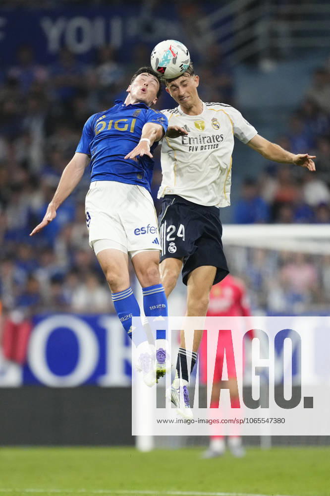 Real Oviedo v Real Madrid CF - LaLiga EA Sports Federico Vinas centre-forward of Oviedo and Uruguay and Dean Huijsen centre-back of Real Madrid and Spain compete for the ball during the La Liga EA Sports match between Real Oviedo and Real Madrid CF at Carlos Tartiere on August 24, 2025 in Oviedo, Spain. Oviedo Spain