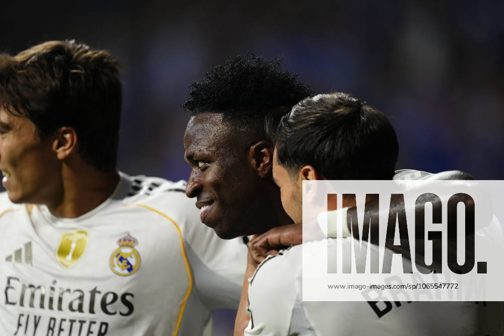 Real Oviedo v Real Madrid CF - LaLiga EA Sports Vinicius Junior left winger of Real Madrid and Brazil celebrates after scoring his sides first goal during the La Liga EA Sports match between Real Oviedo and Real Madrid CF at Carlos Tartiere on August 24, 2025 in Oviedo, Spain. Oviedo Spain