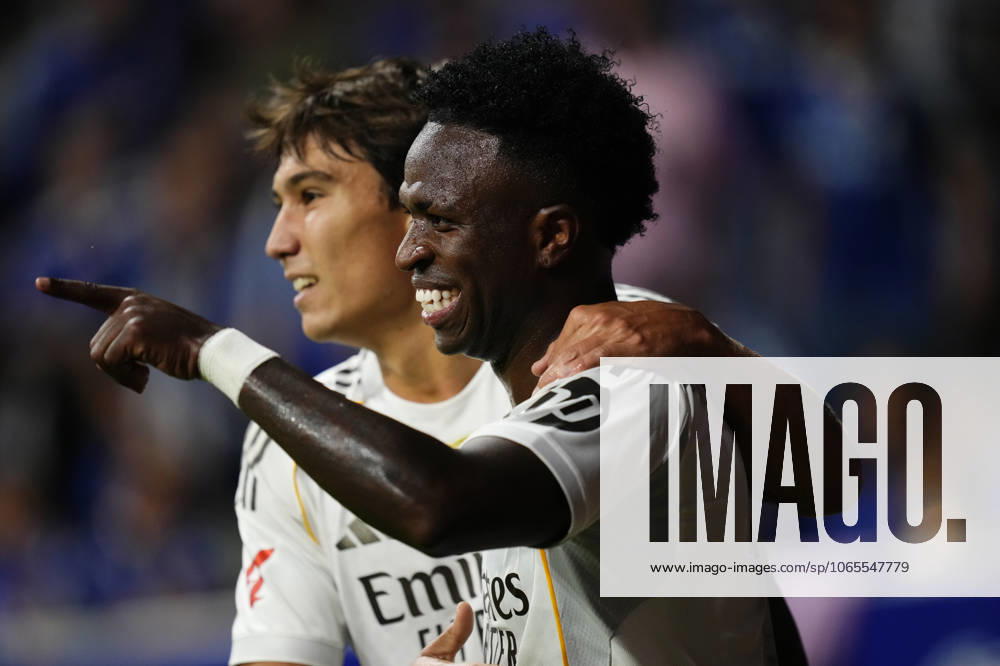 Real Oviedo v Real Madrid CF - LaLiga EA Sports Vinicius Junior left winger of Real Madrid and Brazil celebrates after scoring his sides first goal during the La Liga EA Sports match between Real Oviedo and Real Madrid CF at Carlos Tartiere on August 24, 2025 in Oviedo, Spain. Oviedo Spain