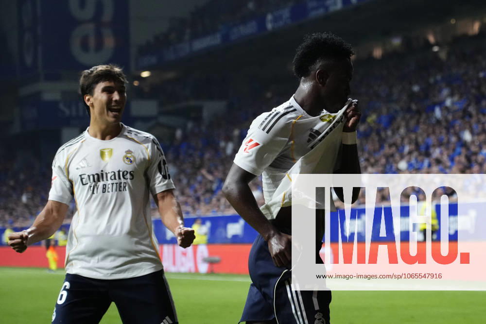 Real Oviedo v Real Madrid CF - LaLiga EA Sports Vinicius Junior left winger of Real Madrid and Brazil celebrates after scoring his sides first goal during the La Liga EA Sports match between Real Oviedo and Real Madrid CF at Carlos Tartiere on August 24, 2025 in Oviedo, Spain. Oviedo Spain