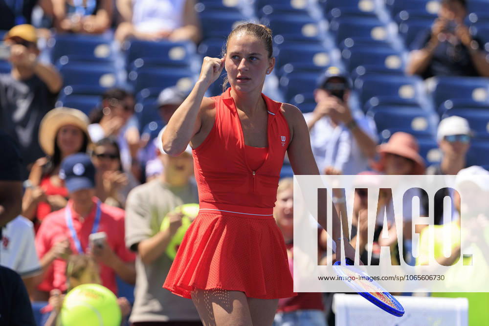 Marta Kostyuk cheers with fans after winning her match against Katie Boulter on Day 3 of the 2025 US Open at USTA Billie Jean King National Tennis Center on Tuesday August 26, 2025 in the Flushing neighborhood of the Queens borough of New York City. JAVIER ROJAS PI Flushing Meadows USA - ZUMAp124 20250826_zaa_p124_042