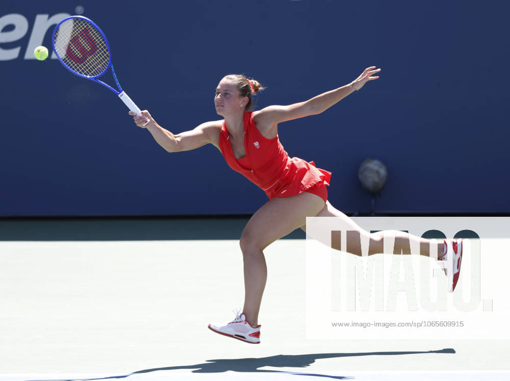 Marta Kostyuk of Ukraine returns a ball to Katie.Boulter of United Kingdom in the second set of their first round match in the Grandstand court on day 3 at the 2025 US Open Tennis Championship at the USTA Billie Jean King National Tennis Center in New York City on Tuesday, August 26, 2025. Kostyuk defeated Boulter in straight sets. NYP20250826112 JOHNxANGELILLO