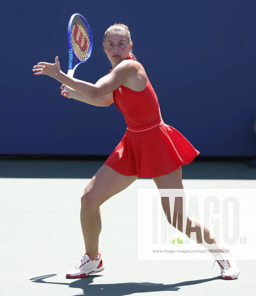 Marta Kostyuk of Ukraine returns a ball to Katie.Boulter of United Kingdom in the second set of their first round match in the Grandstand court on day 3 at the 2025 US Open Tennis Championship at the USTA Billie Jean King National Tennis Center in New York City on Tuesday, August 26, 2025. Kostyuk defeated Boulter in straight sets. NYP20250826113 JOHNxANGELILLO