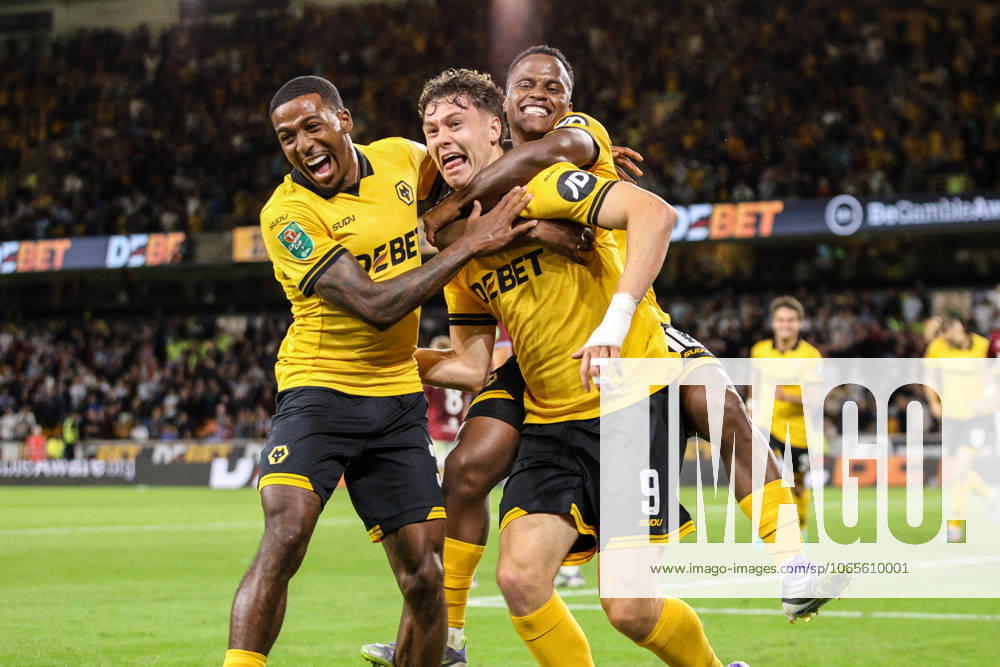 Celebration as Jorgen Strand Larsen (9 Wolves) puts Wolves ahead during the Carabao Cup football match between Wolverhampton Wanderers and West Ham United at Molineux stadium in Wolverhampton, England