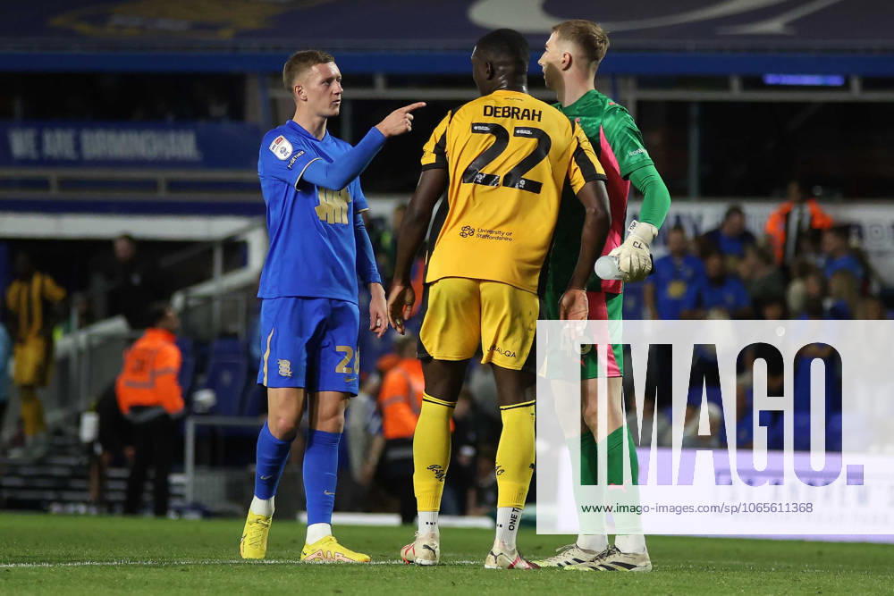 Birmingham City v Port Vale EFL Cup 26 08 2025. Birmingham City Jay Stansfield Port Vale Joe Gauci Port Vale Jesse Debrah AT THE END OF THE GAME during the EFL Cup match between Birmingham City and Port Vale at the St Andrew s @ Knighthead Park, Birmingham, England on 26 August 2025. Birmingham St Andrew s @ Knighthead Park West Midlands England Editorial use only DataCo restrictions apply See www.football-dataco.com ,