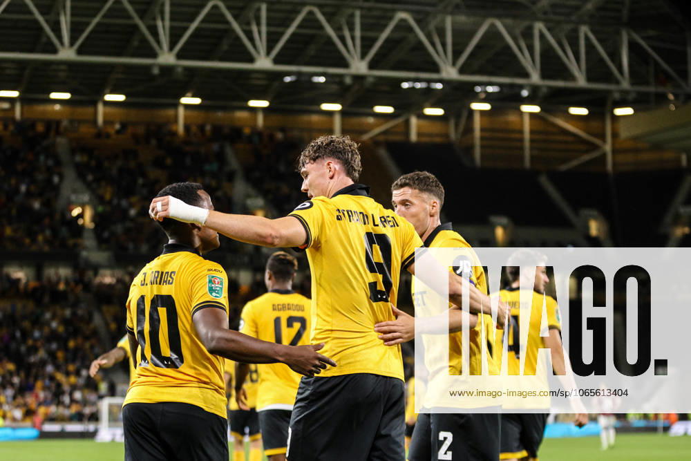 Celebration as Jorgen Strand Larsen (9 Wolves) puts Wolves ahead during the Carabao Cup football match between Wolverhampton Wanderers and West Ham United at Molineux stadium in Wolverhampton, England