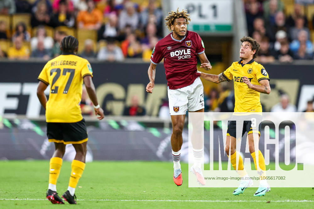 Wolverhampton Wanderers v West Ham United - Carabao Cup Second Round Jean-Clair Todibo of West Ham beats Hugo Bueno of Wolverhampton Wanderers in the air during the Carabao Cup match between Wolverhampton Wanderers and West Ham United at Molineux in Wolverhampton, England, on August 26, 2025. Wolverhampton West Midlands United Kingdom
