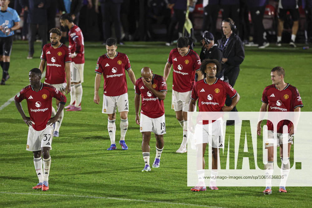 Brian Mbeumo of Manchester United, ManU and team mates look dejected at full time Grimsby Town v Manchester United, EFL Carabao Cup, Second Round, Football, Blundell Park, Grimsby, UK - 27 Aug 2025Grimsby Blundell Park United Kingdom