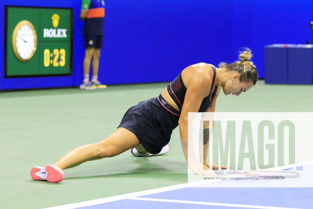 Aryna Sabalenka goes down during a match against Polina Kudermetova on Day 4 of the 2025 US Open at USTA Billie Jean King National Tennis Center on Wednesday August 27, 2025 in the Flushing neighborhood of the Queens borough of New York City. JAVIER ROJAS PI Flushing Meadows USA - ZUMAp124 20250827_zaa_p124_189