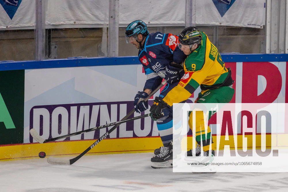 Ingolstadt, Germany August 28, 2025 Champions Hockey League 2025 2026 ERC Ingolstadt vs Ilves Tampere In the picture from left in the duel Abbott Girduckis ERC and Erik Borg Ilves Tampere