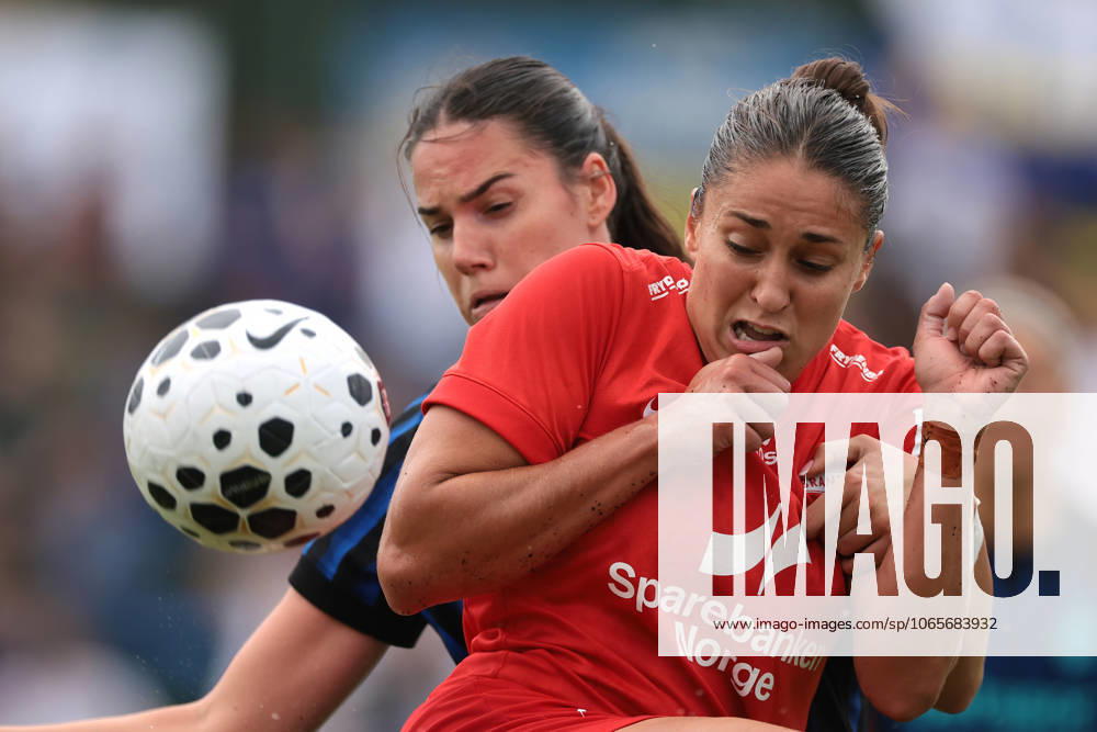 Milan, Italy, 27th August 2025. Marija Ana Milinkovic of FC Internazionale tussles with Brenna Lovera of SK Brann during the SK Brann vs FC Internazionale Women UEFA Womens Champions League match at Youth Development Centre, Milan. Picture credit should read: Jonathan Moscrop Sportimage . SPI_048_JM_SKBRANN_INTER_UWCL SPI-4080-0047