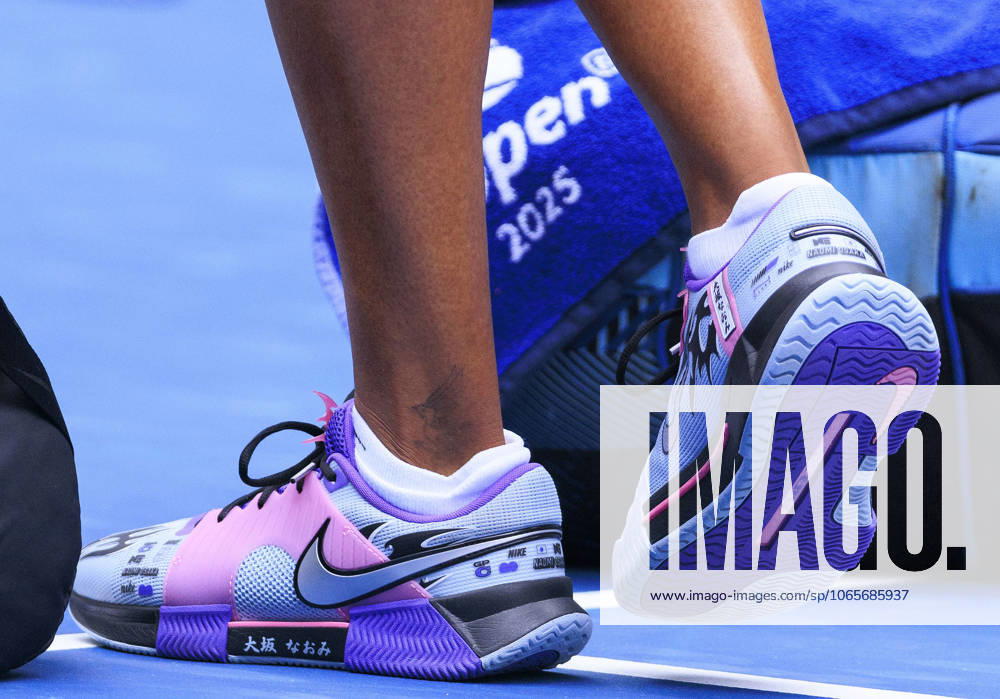 Naomi Osakaâ€⠢s shoes are displayed at the end of her match against Hailey Baptiste on Day 5 of the 2025 US Open at USTA Billie Jean King National Tennis Center on Thursday August 28, 2025 in the Flushing neighborhood of the Queens borough of New York City. JAVIER ROJAS PI Flushing Meadows USA - ZUMAp124 20250828_zaa_p124_037