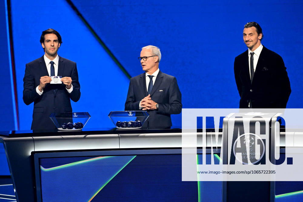 Kaka, Giorgio Marchetti, le secrétaire général de l UEFA, et Zlatan Ibrahimovic durant le tirage au sort de la phase de ligue de la Champions League 2025 - 2026, au Grimaldi Forum à Monaco, le 28 août 2025 Bruno Bebert Bestimage Draw for the group stage of the 2025–2026 UEFA Champions League at the Grimaldi Forum in Monaco on august 28th 2025 Monaco Monaco