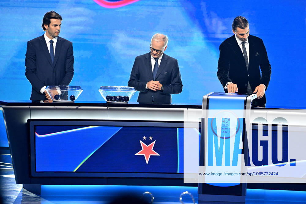 Kaka, Giorgio Marchetti, le secrétaire général de l UEFA, et Zlatan Ibrahimovic durant le tirage au sort de la phase de ligue de la Champions League 2025 - 2026, au Grimaldi Forum à Monaco, le 28 août 2025 Bruno Bebert Bestimage Draw for the group stage of the 2025–2026 UEFA Champions League at the Grimaldi Forum in Monaco on august 28th 2025 Monaco Monaco