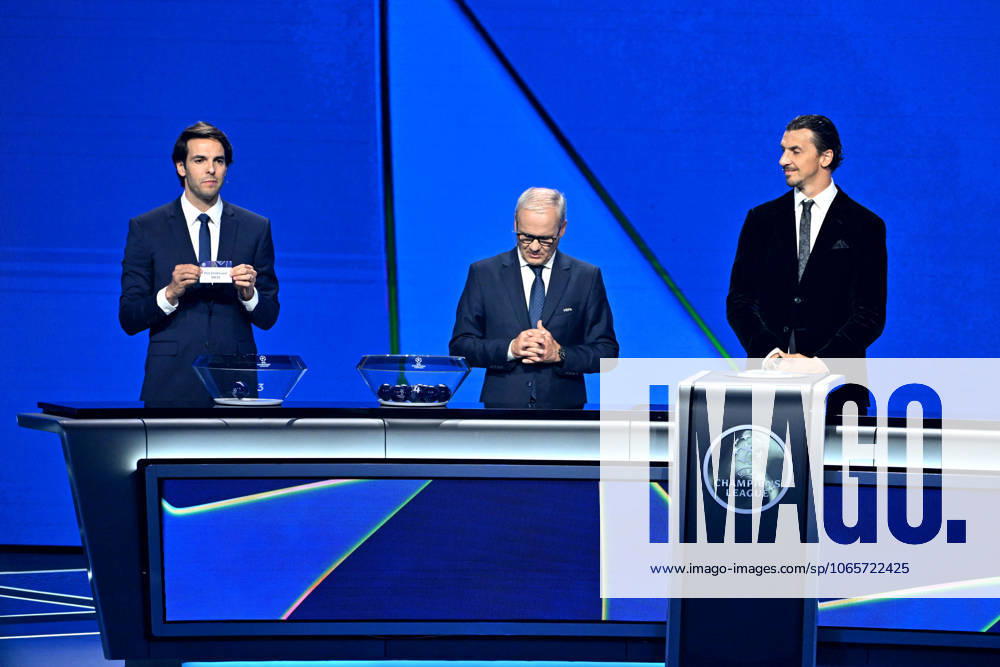Kaka, Giorgio Marchetti, le secrétaire général de l UEFA, et Zlatan Ibrahimovic durant le tirage au sort de la phase de ligue de la Champions League 2025 - 2026, au Grimaldi Forum à Monaco, le 28 août 2025 Bruno Bebert Bestimage Draw for the group stage of the 2025–2026 UEFA Champions League at the Grimaldi Forum in Monaco on august 28th 2025 Monaco Monaco