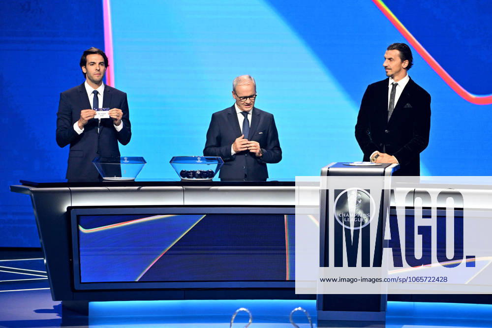 Kaka, Giorgio Marchetti, le secrétaire général de l UEFA, et Zlatan Ibrahimovic durant le tirage au sort de la phase de ligue de la Champions League 2025 - 2026, au Grimaldi Forum à Monaco, le 28 août 2025 Bruno Bebert Bestimage Draw for the group stage of the 2025–2026 UEFA Champions League at the Grimaldi Forum in Monaco on august 28th 2025 Monaco Monaco