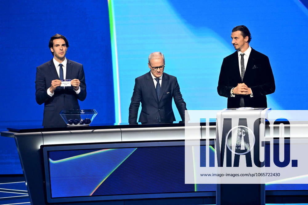 Kaka, Giorgio Marchetti, le secrétaire général de l UEFA, et Zlatan Ibrahimovic durant le tirage au sort de la phase de ligue de la Champions League 2025 - 2026, au Grimaldi Forum à Monaco, le 28 août 2025 Bruno Bebert Bestimage Draw for the group stage of the 2025–2026 UEFA Champions League at the Grimaldi Forum in Monaco on august 28th 2025 Monaco Monaco