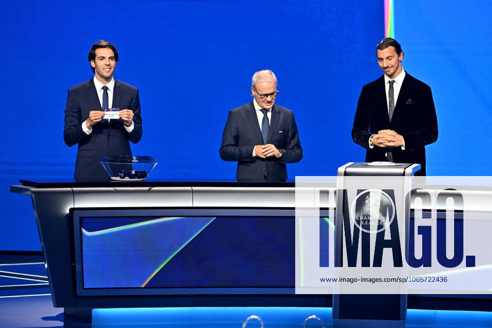 Kaka, Giorgio Marchetti, le secrétaire général de l UEFA, et Zlatan Ibrahimovic durant le tirage au sort de la phase de ligue de la Champions League 2025 - 2026, au Grimaldi Forum à Monaco, le 28 août 2025 Bruno Bebert Bestimage Draw for the group stage of the 2025–2026 UEFA Champions League at the Grimaldi Forum in Monaco on august 28th 2025 Monaco Monaco