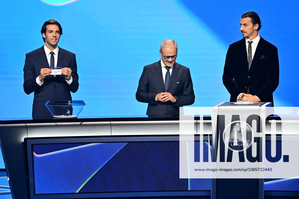 Kaka, Giorgio Marchetti, le secrétaire général de l UEFA, et Zlatan Ibrahimovic durant le tirage au sort de la phase de ligue de la Champions League 2025 - 2026, au Grimaldi Forum à Monaco, le 28 août 2025 Bruno Bebert Bestimage Draw for the group stage of the 2025–2026 UEFA Champions League at the Grimaldi Forum in Monaco on august 28th 2025 Monaco Monaco